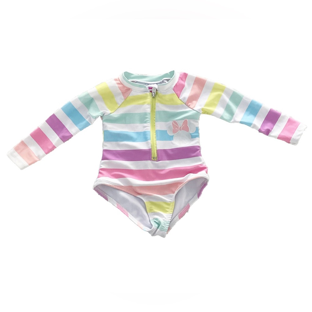 Disney Minnie Mouse Rash Guard Swimsuit 9M Rainbow Stripe EUC